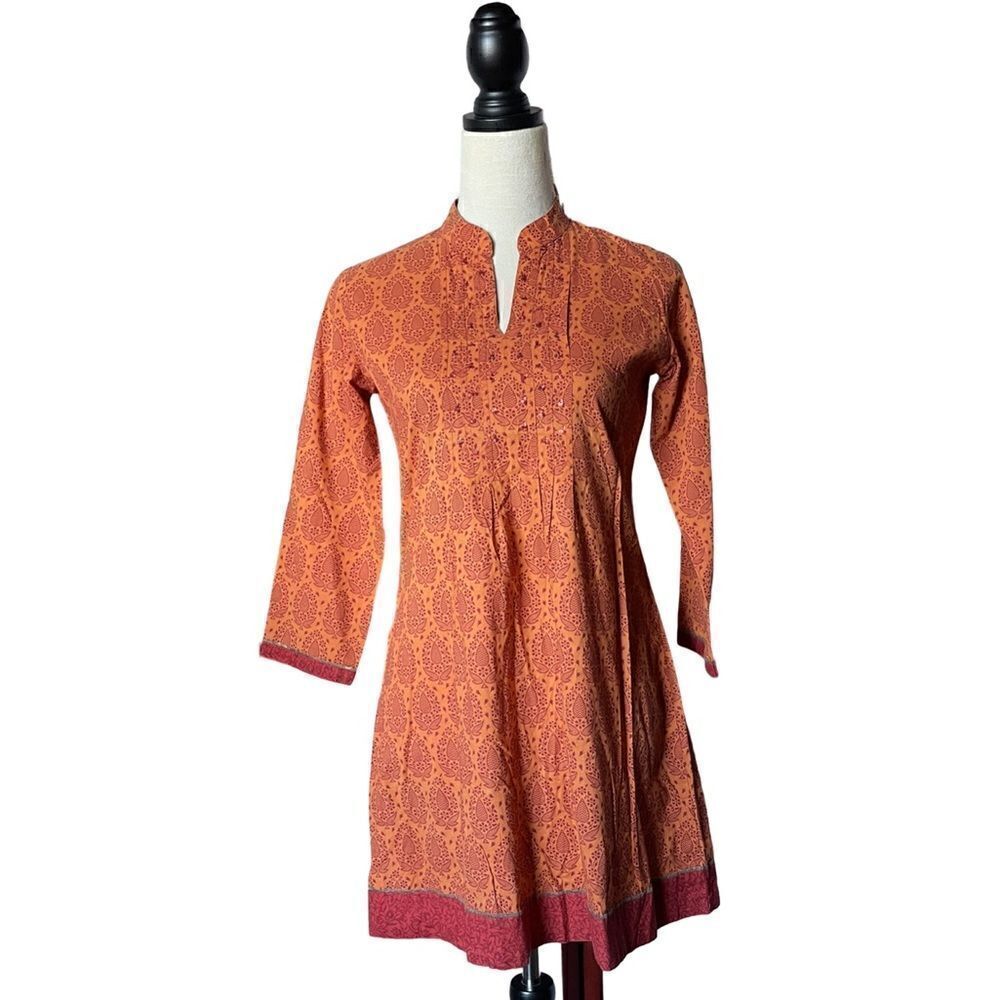 Westside Bohemian Long Orange Tunic w/ Red Designs & Sequins (Size: XS)